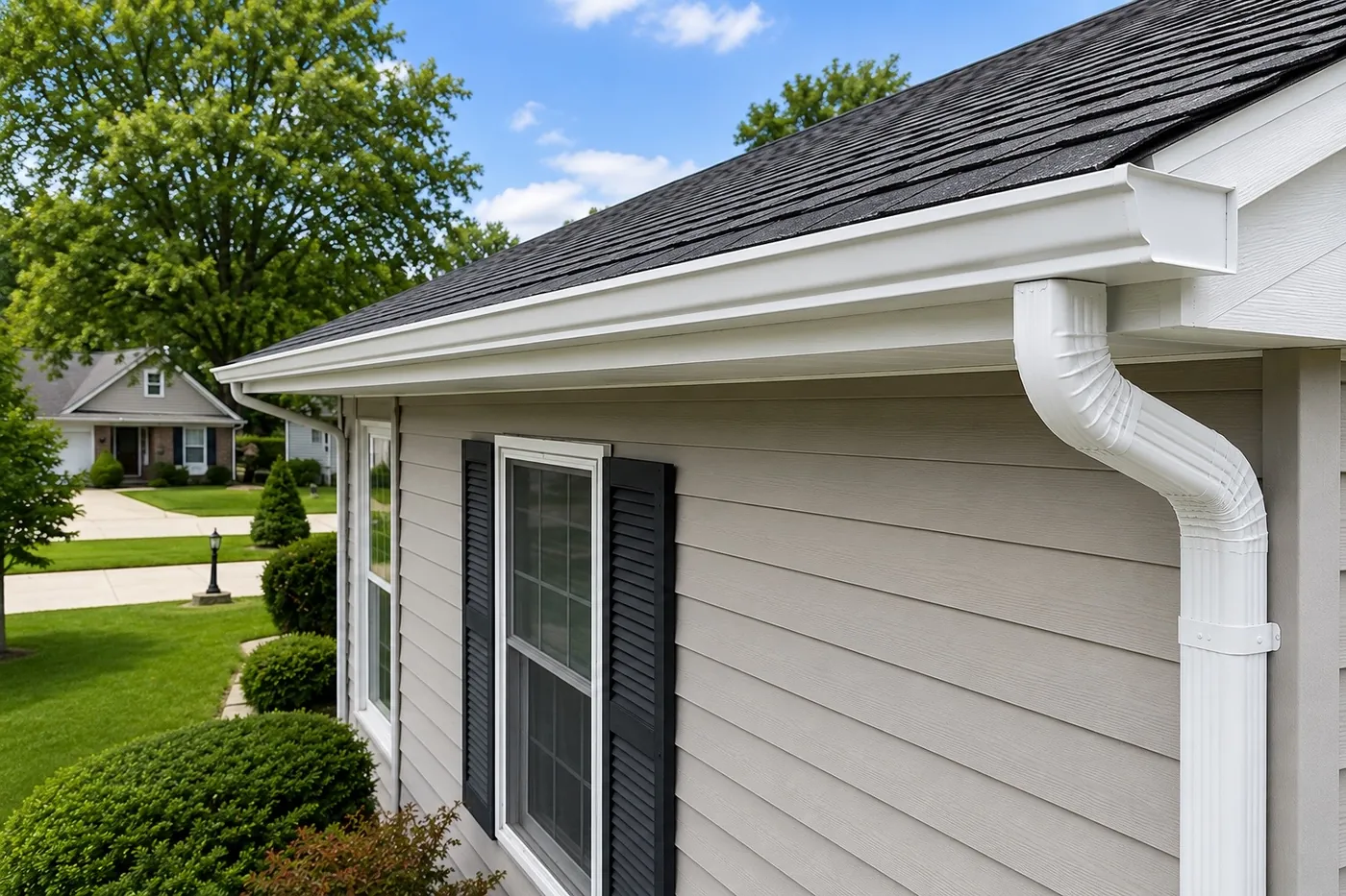 New white seamless gutters and downspout installed by Go2 Exteriors