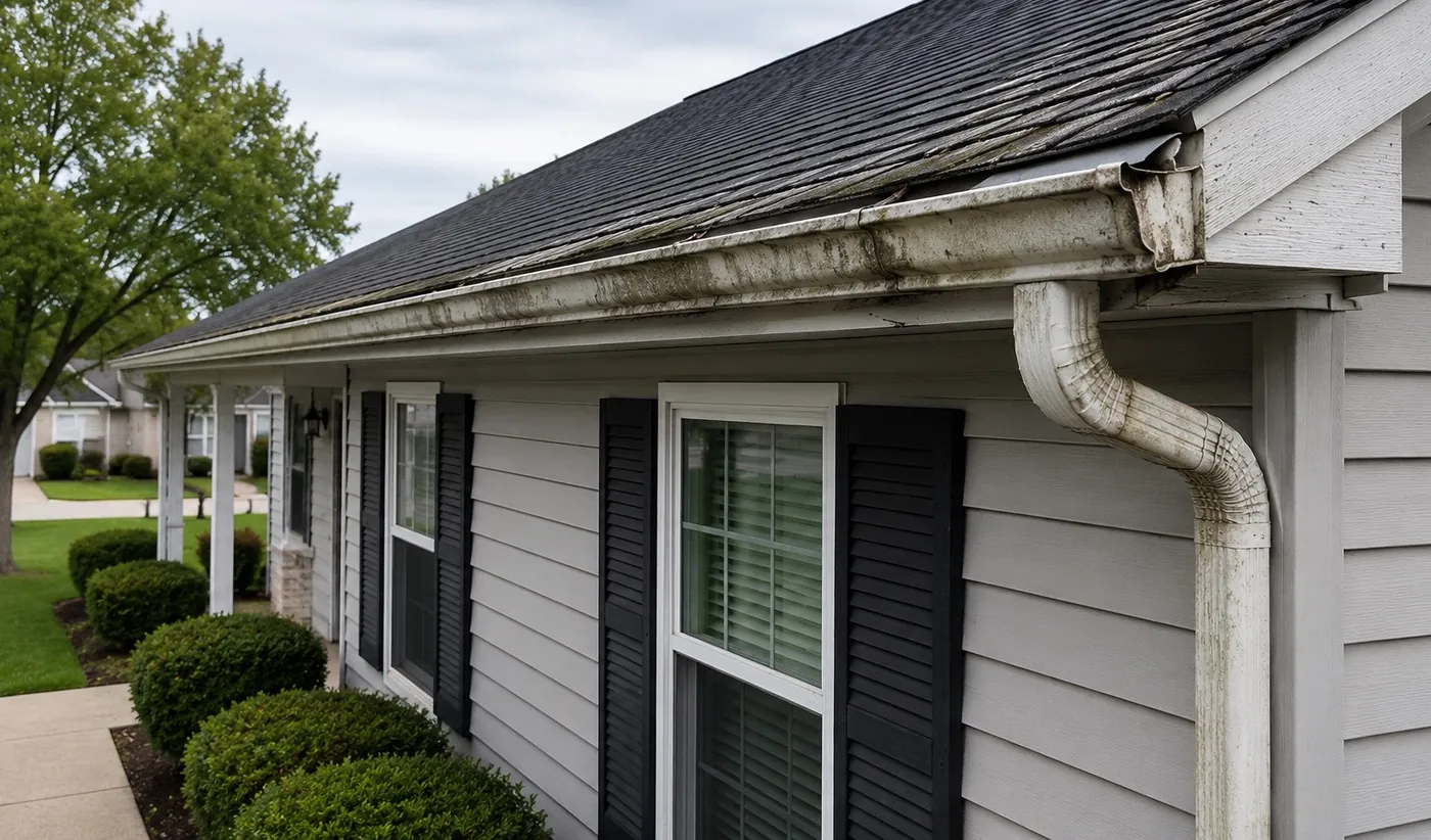Old, worn, and stained gutters before replacement by Go2 Exteriors