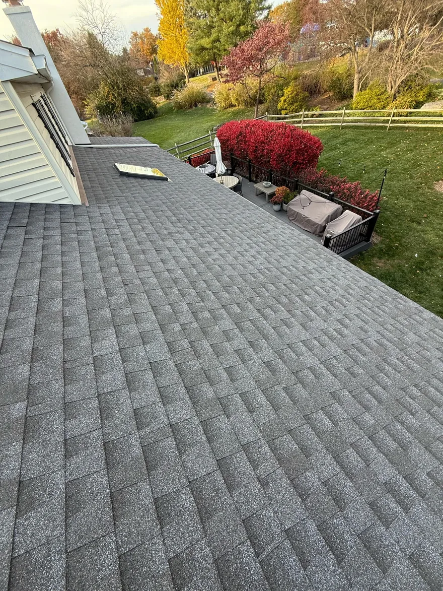Newly completed shingle roof installed by Go2 Exteriors in Pennsylvania